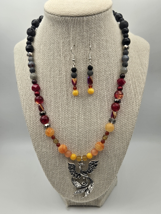 Erins Lovely Creations Jewelry - Handmade Orange & Red Beaded Necklace with Phoenix Pendant